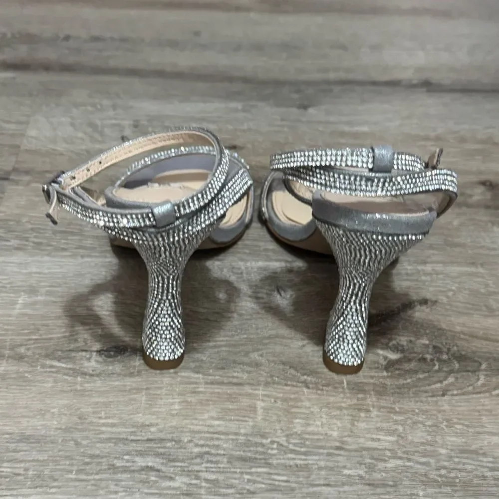 Steve Madden Silver Rhinestoned Ankle Strap Mid Height Heels